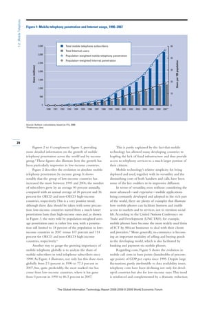 Figures 2 to 4 complement Figure 1, providing
more detailed information on the growth of mobile
telephony penetration across the world and by income
group.3 These figures also illustrate how the growth has
been particularly impressive in low-income countries.
Figure 2 describes the evolution in absolute mobile
telephony penetration by income group. It shows
notably that the group of low-income countries has
increased the most: between 1995 and 2006, the number
of subscribers grew by an average 90 percent annually,
compared with an annual average of 26 percent and 36
percent for OECD and non-OECD high-income
countries, respectively.This is a very positive trend,
although these data should be taken with some precau-
tion: low-income countries started from a much lower
penetration basis than high-income ones and, as shown
in Figure 3, the story told by population-weighted aver-
age penetration rates is rather less rosy, with a penetra-
tion still limited to 18 percent of the population in low-
income countries in 2007 versus 107 percent and 114
percent for OECD and non-OECD high-income
countries, respectively.4
Another way to gauge the growing importance of
mobile telephony globally is to analyze the share of
mobile subscribers in total telephone subscribers since
1990.As Figure 4 illustrates, not only has this share risen
globally from 2.1 percent in 1990 to 77.3 percent in
2007, but, quite predictably, the most marked rise has
come from low-income countries, where it has gone
from 0 percent in 1990 to 86.3 percent in 2007.
This is partly explained by the fact that mobile
technology has allowed many developing countries to
leapfrog the lack of fixed infrastructure and thus provide
access to telephony services to a much larger portion of
their citizens.
Mobile technology’s relative simplicity for being
deployed and used, together with its versatility and the
diminishing costs of both handsets and calls, have been
some of the key enablers in its impressive diffusion.
In terms of versatility, even without considering the
most advanced—and expensive—mobile applications
being constantly developed and adopted in the rich part
of the world, there are plenty of examples that illustrate
how mobile phones can facilitate business and enable
access to markets and to services, not to mention social
life.According to the United Nations Conference on
Trade and Development (UNCTAD), for example,
mobile phones have become the most widely used form
of ICT by African businesses to deal with their clients
and providers.5
More generally, m-commerce is becom-
ing an important modality of selling and buying goods
in the developing world, which is also facilitated by
banking and payment via mobile phones.
Regarding costs, Figure 5 shows the evolution in
mobile call costs in basis points (hundredths of percent-
age points) of GDP per capita since 1995. Despite large
fluctuations, partly attributable to data availability issues,
telephony costs have been declining not only for devel-
oped countries but also for low-income ones.This trend
is reinforced and complemented by a dramatic reduction
28
1.2:MobileTelephony
0
500
1,000
1,500
2,000
2,500
3,000
3,500
0
10
20
30
40
50
2007*20062005200420032002200120001999199819971996199519941993199219911990
Figure 1: Mobile telephony penetration and Internet usage, 1990–2007
Source: Authors' calculations, based on ITU, 2008.
*Preliminary data
Users(millions)
Usersper100population
■ Total mobile telephone subscribers
■ Total Internet users
Population-weighted mobile telephony penetration
Population-weighted Internet penetration
7KH *OREDO ,QIRUPDWLRQ 7HFKQRORJ 5HSRUW  ‹  :RUOG (FRQRPLF )RUXP
 