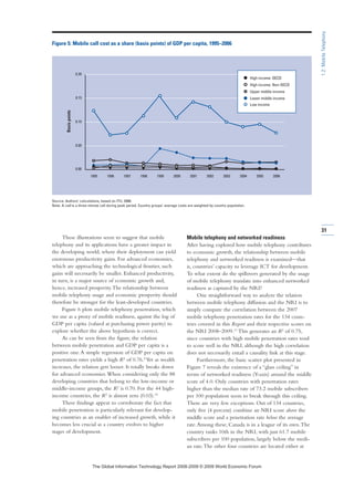 These illustrations seem to suggest that mobile
telephony and its applications have a greater impact in
the developing world, where their deployment can yield
enormous productivity gains. For advanced economies,
which are approaching the technological frontier, such
gains will necessarily be smaller. Enhanced productivity,
in turn, is a major source of economic growth and,
hence, increased prosperity.The relationship between
mobile telephony usage and economic prosperity should
therefore be stronger for the least-developed countries.
Figure 6 plots mobile telephony penetration, which
we use as a proxy of mobile readiness, against the log of
GDP per capita (valued at purchasing power parity) to
explore whether the above hypothesis is correct.
As can be seen from the figure, the relation
between mobile penetration and GDP per capita is a
positive one.A simple regression of GDP per capita on
penetration rates yields a high R2
of 0.76.9
Yet as wealth
increases, the relation gets looser. It totally breaks down
for advanced economies.When considering only the 88
developing countries that belong to the low-income or
middle-income groups, the R2 is 0.70. For the 44 high-
income countries, the R2 is almost zero (0.03).10
These findings appear to corroborate the fact that
mobile penetration is particularly relevant for develop-
ing countries as an enabler of increased growth, while it
becomes less crucial as a country evolves to higher
stages of development.
Mobile telephony and networked readiness
After having explored how mobile telephony contributes
to economic growth, the relationship between mobile
telephony and networked readiness is examined—that
is, countries’ capacity to leverage ICT for development.
To what extent do the spillovers generated by the usage
of mobile telephony translate into enhanced networked
readiness as captured by the NRI?
One straightforward way to analyze the relation
between mobile telephony diffusion and the NRI is to
simply compute the correlation between the 2007
mobile telephony penetration rates for the 134 coun-
tries covered in this Report and their respective scores on
the NRI 2008–2009.11 This generates an R2 of 0.75,
since countries with high mobile penetration rates tend
to score well in the NRI, although the high correlation
does not necessarily entail a causality link at this stage.
Furthermore, the basic scatter plot presented in
Figure 7 reveals the existence of a “glass ceiling” in
terms of networked readiness (Y-axis) around the middle
score of 4.0. Only countries with penetration rates
higher than the median rate of 73.2 mobile subscribers
per 100 population seem to break through this ceiling.
There are very few exceptions. Out of 134 countries,
only five (4 percent) combine an NRI score above the
middle score and a penetration rate below the average
rate.Among these, Canada is in a league of its own.The
country ranks 10th in the NRI, with just 61.7 mobile
subscribers per 100 population, largely below the medi-
an rate.The other four countries are located either at
31
1.2:MobileTelephony
0.00
0.05
0.10
0.15
0.20
200620052004200320022001200019991998199719961995
Figure 5: Mobile call cost as a share (basis points) of GDP per capita, 1995–2006
Source: Authors’ calculations, based on ITU, 2008.
Note: A call is a three-minute call during peak period. Country groups’ average costs are weighted by country population.
Basispoints
Low income
High income: OECD
Lower middle income
Upper middle income
High income: Non-OECD
7KH *OREDO ,QIRUPDWLRQ 7HFKQRORJ 5HSRUW  ‹  :RUOG (FRQRPLF )RUXP
 
