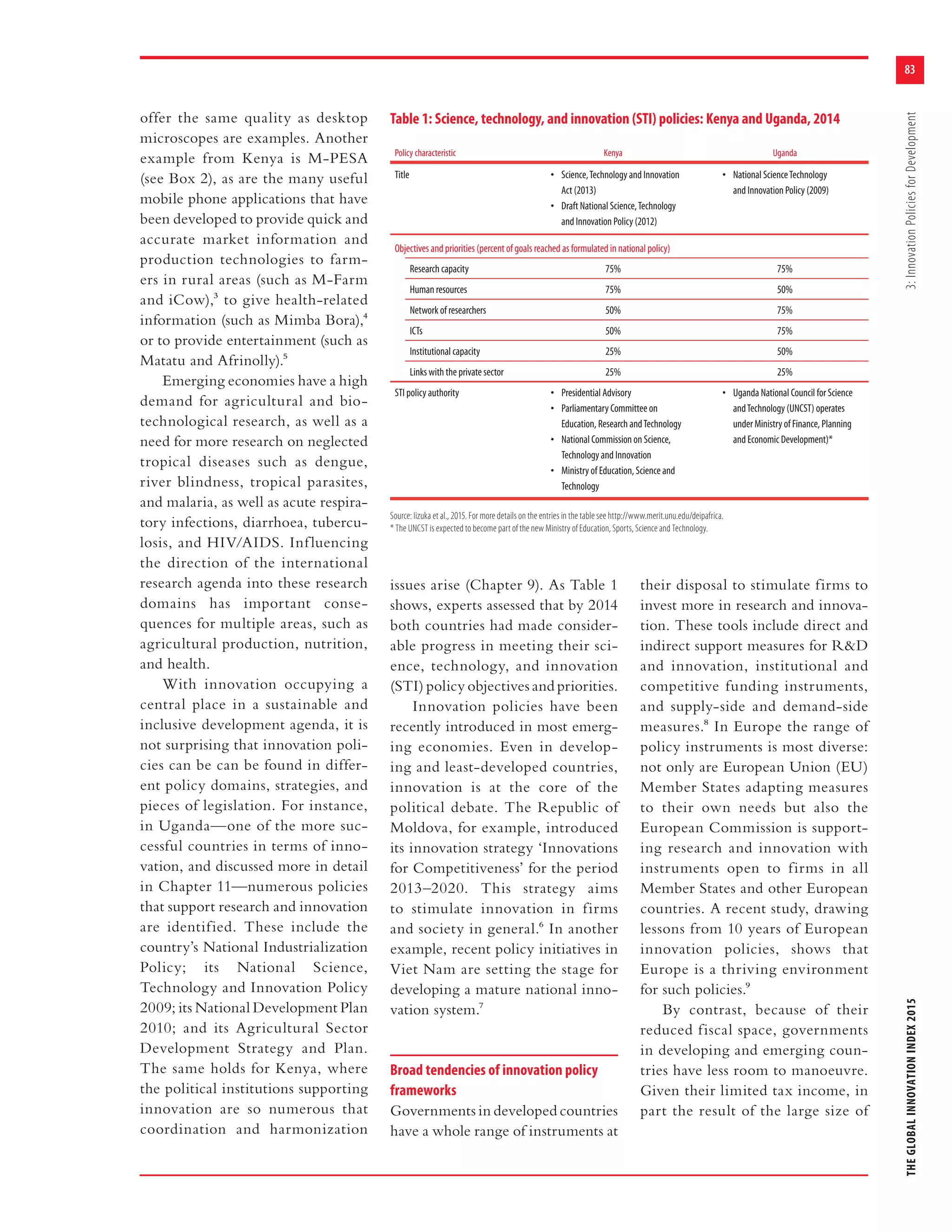 83
THEGLOBALINNOVATIONINDEX20153:InnovationPoliciesforDevelopment
offer the same quality as desktop
microscopes are examples. Another
example from Kenya is M-PESA
(see Box 2), as are the many useful
mobile phone applications that have
been developed to provide quick and
accurate market information and
production technologies to farm-
ers in rural areas (such as M-Farm
and iCow),3 to give health-related
information (such as Mimba Bora),4
or to provide entertainment (such as
Matatu and Afrinolly).5
Emerging economies have a high
demand for agricultural and bio-
technological research, as well as a
need for more research on neglected
tropical diseases such as dengue,
river blindness, tropical parasites,
and malaria, as well as acute respira-
tory infections, diarrhoea, tubercu-
losis, and HIV/AIDS. Influencing
the direction of the international
research agenda into these research
domains has important conse-
quences for multiple areas, such as
agricultural production, nutrition,
and health.
With innovation occupying a
central place in a sustainable and
inclusive development agenda, it is
not surprising that innovation poli-
cies can be can be found in differ-
ent policy domains, strategies, and
pieces of legislation. For instance,
in Uganda—one of the more suc-
cessful countries in terms of inno-
vation, and discussed more in detail
in Chapter 11—numerous policies
that support research and innovation
are identified. These include the
country’s National Industrialization
Policy; its National Science,
Technology and Innovation Policy
2009; its National Development Plan
2010; and its Agricultural Sector
Development Strategy and Plan.
The same holds for Kenya, where
the political institutions supporting
innovation are so numerous that
coordination and harmonization
issues arise (Chapter 9). As Table 1
shows, experts assessed that by 2014
both countries had made consider-
able progress in meeting their sci-
ence, technology, and innovation
(STI) policy objectives and priorities.
Innovation policies have been
recently introduced in most emerg-
ing economies. Even in develop-
ing and least-developed countries,
innovation is at the core of the
political debate. The Republic of
Moldova, for example, introduced
its innovation strategy ‘Innovations
for Competitiveness’ for the period
2013–2020. This strategy aims
to stimulate innovation in firms
and society in general.6 In another
example, recent policy initiatives in
Viet Nam are setting the stage for
developing a mature national inno-
vation system.7
Broad tendencies of innovation policy
frameworks
Governments in developed countries
have a whole range of instruments at
their disposal to stimulate firms to
invest more in research and innova-
tion. These tools include direct and
indirect support measures for R&D
and innovation, institutional and
competitive funding instruments,
and supply-side and demand-side
measures.8 In Europe the range of
policy instruments is most diverse:
not only are European Union (EU)
Member States adapting measures
to their own needs but also the
European Commission is support-
ing research and innovation with
instruments open to firms in all
Member States and other European
countries. A recent study, drawing
lessons from 10 years of European
innovation policies, shows that
Europe is a thriving environment
for such policies.9
By contrast, because of their
reduced fiscal space, governments
in developing and emerging coun-
tries have less room to manoeuvre.
Given their limited tax income, in
part the result of the large size of
Table 1: Science, technology, and innovation (STI) policies: Kenya and Uganda, 2014
Policy characteristic Kenya Uganda
Title • Science,Technology and Innovation
Act (2013)
• Draft National Science,Technology
and Innovation Policy (2012)
• National ScienceTechnology
and Innovation Policy (2009)
Objectives and priorities (percent of goals reached as formulated in national policy)
Research capacity 75% 75%
Human resources 75% 50%
Network of researchers 50% 75%
ICTs 50% 75%
Institutional capacity 25% 50%
Links with the private sector 25% 25%
STI policy authority • Presidential Advisory
• Parliamentary Committee on
Education, Research andTechnology
• National Commission on Science,
Technology and Innovation
• Ministry of Education, Science and
Technology
• Uganda National Council for Science
andTechnology (UNCST) operates
under Ministry of Finance, Planning
and Economic Development)*
Source: Iizuka et al., 2015. For more details on the entries in the table see http://www.merit.unu.edu/deipafrica.
* The UNCST is expected to become part of the new Ministry of Education, Sports, Science and Technology.
 
