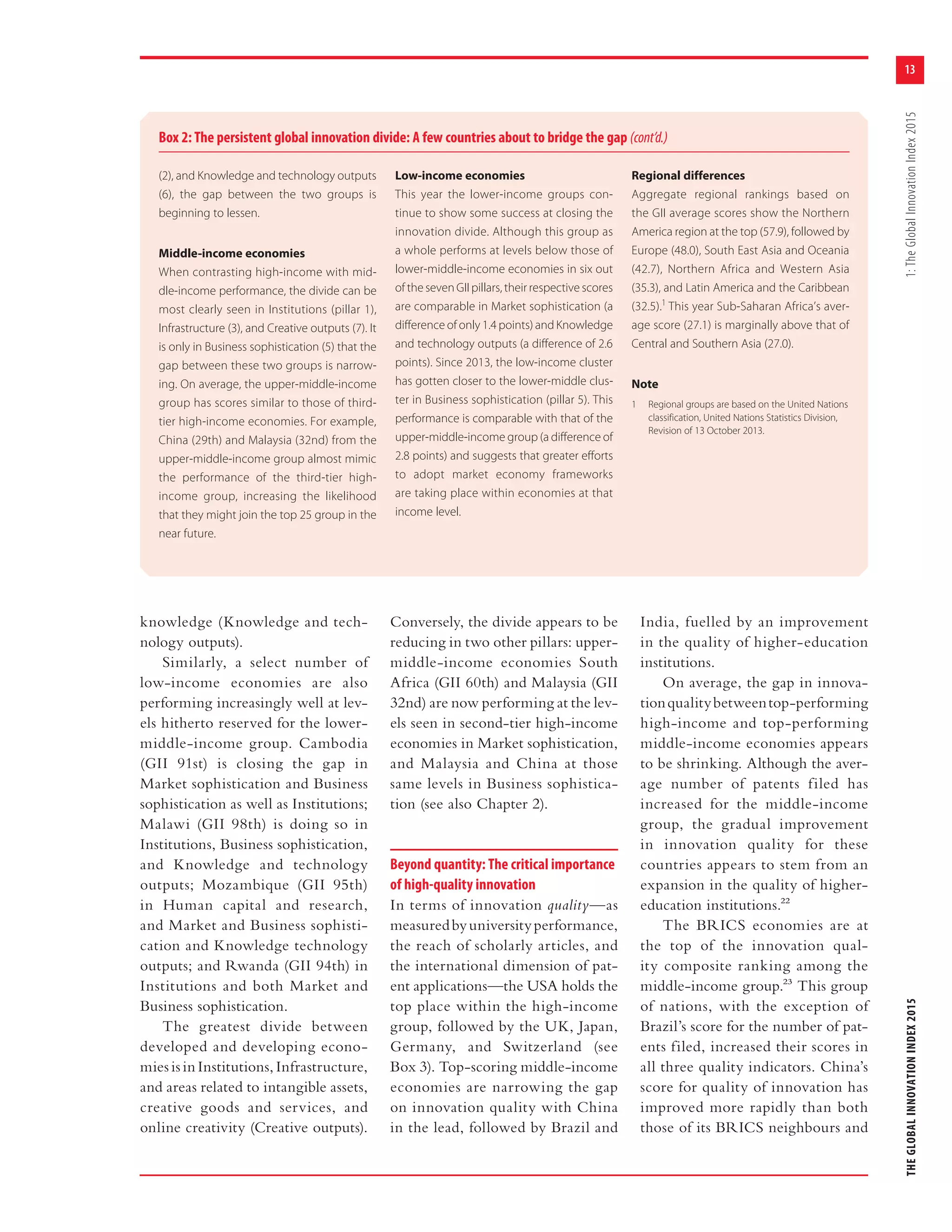 13
THEGLOBALINNOVATIONINDEX20151:TheGlobalInnovationIndex2015
Box 2: The persistent global innovation divide: A few countries about to bridge the gap (cont’d.)
(2), and Knowledge and technology outputs
(6), the gap between the two groups is
beginning to lessen.
Middle-income economies
When contrasting high-income with mid-
dle-income performance, the divide can be
most clearly seen in Institutions (pillar 1),
Infrastructure (3), and Creative outputs (7). It
is only in Business sophistication (5) that the
gap between these two groups is narrow-
ing. On average, the upper-middle-income
group has scores similar to those of third-
tier high-income economies. For example,
China (29th) and Malaysia (32nd) from the
upper-middle-income group almost mimic
the performance of the third-tier high-
income group, increasing the likelihood
that they might join the top 25 group in the
near future.
Low-income economies
This year the lower-income groups con-
tinue to show some success at closing the
innovation divide. Although this group as
a whole performs at levels below those of
lower-middle-income economies in six out
of the seven GII pillars, their respective scores
are comparable in Market sophistication (a
difference of only 1.4 points) and Knowledge
and technology outputs (a difference of 2.6
points). Since 2013, the low-income cluster
has gotten closer to the lower-middle clus-
ter in Business sophistication (pillar 5). This
performance is comparable with that of the
upper-middle-income group (a difference of
2.8 points) and suggests that greater efforts
to adopt market economy frameworks
are taking place within economies at that
income level.
Regional differences
Aggregate regional rankings based on
the GII average scores show the Northern
America region at the top (57.9), followed by
Europe (48.0), South East Asia and Oceania
(42.7), Northern Africa and Western Asia
(35.3), and Latin America and the Caribbean
(32.5).1
This year Sub-Saharan Africa’s aver-
age score (27.1) is marginally above that of
Central and Southern Asia (27.0).
Note
1 Regional groups are based on the United Nations
classification, United Nations Statistics Division,
Revision of 13 October 2013.
knowledge (Knowledge and tech-
nology outputs).
Similarly, a select number of
low-income economies are also
performing increasingly well at lev-
els hitherto reserved for the lower-
middle-income group. Cambodia
(GII 91st) is closing the gap in
Market sophistication and Business
sophistication as well as Institutions;
Malawi (GII 98th) is doing so in
Institutions, Business sophistication,
and Knowledge and technology
outputs; Mozambique (GII 95th)
in Human capital and research,
and Market and Business sophisti-
cation and Knowledge technology
outputs; and Rwanda (GII 94th) in
Institutions and both Market and
Business sophistication.
The greatest divide between
developed and developing econo-
mies is in Institutions, Infrastructure,
and areas related to intangible assets,
creative goods and services, and
online creativity (Creative outputs).
Conversely, the divide appears to be
reducing in two other pillars: upper-
middle-income economies South
Africa (GII 60th) and Malaysia (GII
32nd) are now performing at the lev-
els seen in second-tier high-income
economies in Market sophistication,
and Malaysia and China at those
same levels in Business sophistica-
tion (see also Chapter 2).
Beyond quantity: The critical importance
of high-quality innovation
In terms of innovation quality—as
measuredbyuniversityperformance,
the reach of scholarly articles, and
the international dimension of pat-
ent applications—the USA holds the
top place within the high-income
group, followed by the UK, Japan,
Germany, and Switzerland (see
Box 3). Top-scoring middle-income
economies are narrowing the gap
on innovation quality with China
in the lead, followed by Brazil and
India, fuelled by an improvement
in the quality of higher-education
institutions.
On average, the gap in innova-
tionqualitybetweentop-performing
high-income and top-performing
middle-income economies appears
to be shrinking. Although the aver-
age number of patents filed has
increased for the middle-income
group, the gradual improvement
in innovation quality for these
countries appears to stem from an
expansion in the quality of higher-
education institutions.22
The BRICS economies are at
the top of the innovation qual-
ity composite ranking among the
middle-income group.23 This group
of nations, with the exception of
Brazil’s score for the number of pat-
ents filed, increased their scores in
all three quality indicators. China’s
score for quality of innovation has
improved more rapidly than both
those of its BRICS neighbours and
 