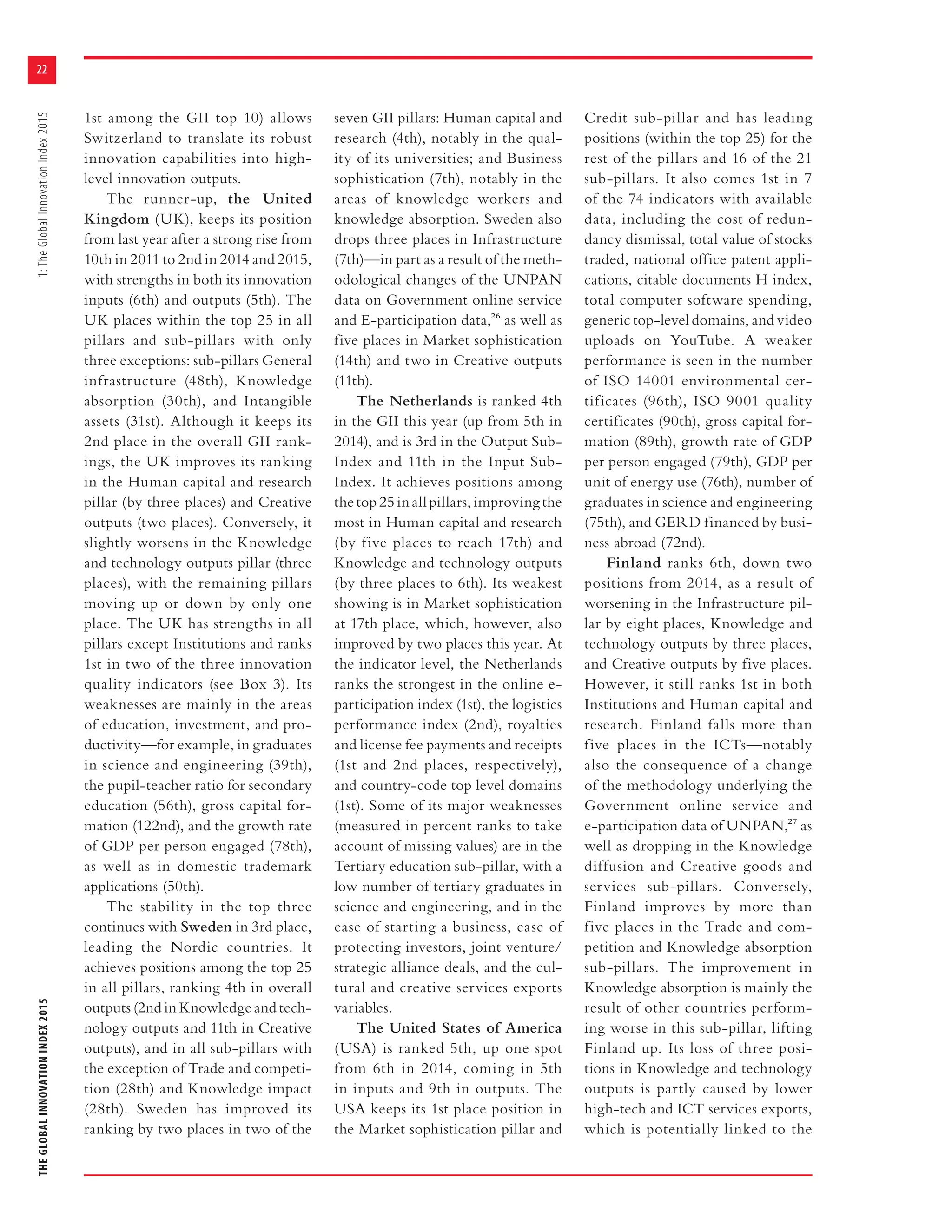 THEGLOBALINNOVATIONINDEX20151:TheGlobalInnovationIndex2015
22
1st among the GII top 10) allows
Switzerland to translate its robust
innovation capabilities into high-
level innovation outputs.
The runner-up, the United
Kingdom (UK), keeps its position
from last year after a strong rise from
10th in 2011 to 2nd in 2014 and 2015,
with strengths in both its innovation
inputs (6th) and outputs (5th). The
UK places within the top 25 in all
pillars and sub-pillars with only
three exceptions: sub-pillars General
infrastructure (48th), Knowledge
absorption (30th), and Intangible
assets (31st). Although it keeps its
2nd place in the overall GII rank-
ings, the UK improves its ranking
in the Human capital and research
pillar (by three places) and Creative
outputs (two places). Conversely, it
slightly worsens in the Knowledge
and technology outputs pillar (three
places), with the remaining pillars
moving up or down by only one
place. The UK has strengths in all
pillars except Institutions and ranks
1st in two of the three innovation
quality indicators (see Box 3). Its
weaknesses are mainly in the areas
of education, investment, and pro-
ductivity—for example, in graduates
in science and engineering (39th),
the pupil-teacher ratio for secondary
education (56th), gross capital for-
mation (122nd), and the growth rate
of GDP per person engaged (78th),
as well as in domestic trademark
applications (50th).
The stability in the top three
continues with Sweden in 3rd place,
leading the Nordic countries. It
achieves positions among the top 25
in all pillars, ranking 4th in overall
outputs (2nd in Knowledge and tech-
nology outputs and 11th in Creative
outputs), and in all sub-pillars with
the exception of Trade and competi-
tion (28th) and Knowledge impact
(28th). Sweden has improved its
ranking by two places in two of the
seven GII pillars: Human capital and
research (4th), notably in the qual-
ity of its universities; and Business
sophistication (7th), notably in the
areas of knowledge workers and
knowledge absorption. Sweden also
drops three places in Infrastructure
(7th)—in part as a result of the meth-
odological changes of the UNPAN
data on Government online service
and E-participation data,26 as well as
five places in Market sophistication
(14th) and two in Creative outputs
(11th).
The Netherlands is ranked 4th
in the GII this year (up from 5th in
2014), and is 3rd in the Output Sub-
Index and 11th in the Input Sub-
Index. It achieves positions among
thetop25inallpillars,improvingthe
most in Human capital and research
(by five places to reach 17th) and
Knowledge and technology outputs
(by three places to 6th). Its weakest
showing is in Market sophistication
at 17th place, which, however, also
improved by two places this year. At
the indicator level, the Netherlands
ranks the strongest in the online e-
participation index (1st), the logistics
performance index (2nd), royalties
and license fee payments and receipts
(1st and 2nd places, respectively),
and country-code top level domains
(1st). Some of its major weaknesses
(measured in percent ranks to take
account of missing values) are in the
Tertiary education sub-pillar, with a
low number of tertiary graduates in
science and engineering, and in the
ease of starting a business, ease of
protecting investors, joint venture/
strategic alliance deals, and the cul-
tural and creative services exports
variables.
The United States of America
(USA) is ranked 5th, up one spot
from 6th in 2014, coming in 5th
in inputs and 9th in outputs. The
USA keeps its 1st place position in
the Market sophistication pillar and
Credit sub-pillar and has leading
positions (within the top 25) for the
rest of the pillars and 16 of the 21
sub-pillars. It also comes 1st in 7
of the 74 indicators with available
data, including the cost of redun-
dancy dismissal, total value of stocks
traded, national office patent appli-
cations, citable documents H index,
total computer software spending,
generic top-level domains, and video
uploads on YouTube. A weaker
performance is seen in the number
of ISO 14001 environmental cer-
tificates (96th), ISO 9001 quality
certificates (90th), gross capital for-
mation (89th), growth rate of GDP
per person engaged (79th), GDP per
unit of energy use (76th), number of
graduates in science and engineering
(75th), and GERD financed by busi-
ness abroad (72nd).
Finland ranks 6th, down two
positions from 2014, as a result of
worsening in the Infrastructure pil-
lar by eight places, Knowledge and
technology outputs by three places,
and Creative outputs by five places.
However, it still ranks 1st in both
Institutions and Human capital and
research. Finland falls more than
five places in the ICTs—notably
also the consequence of a change
of the methodology underlying the
Government online service and
e-participation data of UNPAN,27 as
well as dropping in the Knowledge
diffusion and Creative goods and
services sub-pillars. Conversely,
Finland improves by more than
five places in the Trade and com-
petition and Knowledge absorption
sub-pillars. The improvement in
Knowledge absorption is mainly the
result of other countries perform-
ing worse in this sub-pillar, lifting
Finland up. Its loss of three posi-
tions in Knowledge and technology
outputs is partly caused by lower
high-tech and ICT services exports,
which is potentially linked to the
 