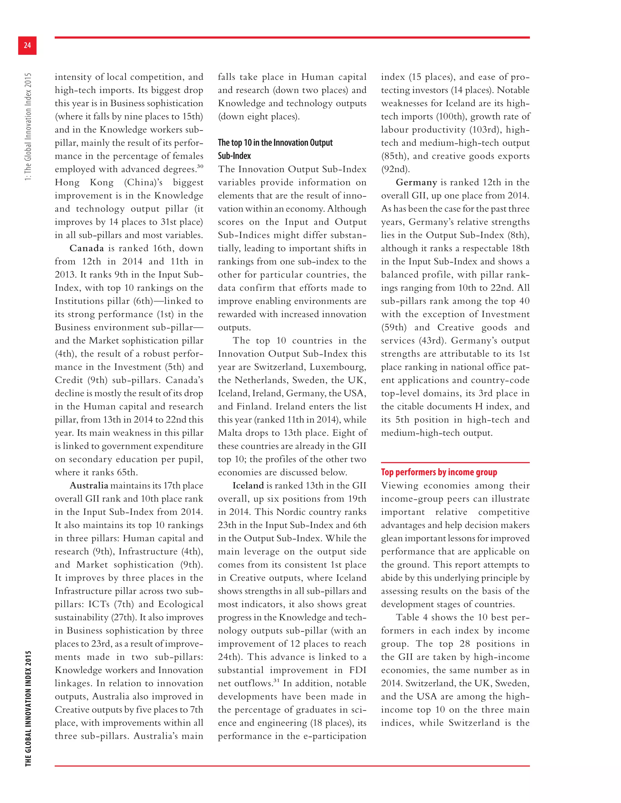 THEGLOBALINNOVATIONINDEX20151:TheGlobalInnovationIndex2015
24
intensity of local competition, and
high-tech imports. Its biggest drop
this year is in Business sophistication
(where it falls by nine places to 15th)
and in the Knowledge workers sub-
pillar, mainly the result of its perfor-
mance in the percentage of females
employed with advanced degrees.30
Hong Kong (China)’s biggest
improvement is in the Knowledge
and technology output pillar (it
improves by 14 places to 31st place)
in all sub-pillars and most variables.
Canada is ranked 16th, down
from 12th in 2014 and 11th in
2013. It ranks 9th in the Input Sub-
Index, with top 10 rankings on the
Institutions pillar (6th)—linked to
its strong performance (1st) in the
Business environment sub-pillar—
and the Market sophistication pillar
(4th), the result of a robust perfor-
mance in the Investment (5th) and
Credit (9th) sub-pillars. Canada’s
decline is mostly the result of its drop
in the Human capital and research
pillar, from 13th in 2014 to 22nd this
year. Its main weakness in this pillar
is linked to government expenditure
on secondary education per pupil,
where it ranks 65th.
Australia maintains its 17th place
overall GII rank and 10th place rank
in the Input Sub-Index from 2014.
It also maintains its top 10 rankings
in three pillars: Human capital and
research (9th), Infrastructure (4th),
and Market sophistication (9th).
It improves by three places in the
Infrastructure pillar across two sub-
pillars: ICTs (7th) and Ecological
sustainability (27th). It also improves
in Business sophistication by three
places to 23rd, as a result of improve-
ments made in two sub-pillars:
Knowledge workers and Innovation
linkages. In relation to innovation
outputs, Australia also improved in
Creative outputs by five places to 7th
place, with improvements within all
three sub-pillars. Australia’s main
falls take place in Human capital
and research (down two places) and
Knowledge and technology outputs
(down eight places).
Thetop10intheInnovationOutput
Sub-Index
The Innovation Output Sub-Index
variables provide information on
elements that are the result of inno-
vation within an economy. Although
scores on the Input and Output
Sub-Indices might differ substan-
tially, leading to important shifts in
rankings from one sub-index to the
other for particular countries, the
data confirm that efforts made to
improve enabling environments are
rewarded with increased innovation
outputs.
The top 10 countries in the
Innovation Output Sub-Index this
year are Switzerland, Luxembourg,
the Netherlands, Sweden, the UK,
Iceland, Ireland, Germany, the USA,
and Finland. Ireland enters the list
this year (ranked 11th in 2014), while
Malta drops to 13th place. Eight of
these countries are already in the GII
top 10; the profiles of the other two
economies are discussed below.
Iceland is ranked 13th in the GII
overall, up six positions from 19th
in 2014. This Nordic country ranks
23th in the Input Sub-Index and 6th
in the Output Sub-Index. While the
main leverage on the output side
comes from its consistent 1st place
in Creative outputs, where Iceland
shows strengths in all sub-pillars and
most indicators, it also shows great
progress in the Knowledge and tech-
nology outputs sub-pillar (with an
improvement of 12 places to reach
24th). This advance is linked to a
substantial improvement in FDI
net outflows.31 In addition, notable
developments have been made in
the percentage of graduates in sci-
ence and engineering (18 places), its
performance in the e-participation
index (15 places), and ease of pro-
tecting investors (14 places). Notable
weaknesses for Iceland are its high-
tech imports (100th), growth rate of
labour productivity (103rd), high-
tech and medium-high-tech output
(85th), and creative goods exports
(92nd).
Germany is ranked 12th in the
overall GII, up one place from 2014.
As has been the case for the past three
years, Germany’s relative strengths
lies in the Output Sub-Index (8th),
although it ranks a respectable 18th
in the Input Sub-Index and shows a
balanced profile, with pillar rank-
ings ranging from 10th to 22nd. All
sub-pillars rank among the top 40
with the exception of Investment
(59th) and Creative goods and
services (43rd). Germany’s output
strengths are attributable to its 1st
place ranking in national office pat-
ent applications and country-code
top-level domains, its 3rd place in
the citable documents H index, and
its 5th position in high-tech and
medium-high-tech output.
Top performers by income group
Viewing economies among their
income-group peers can illustrate
important relative competitive
advantages and help decision makers
glean important lessons for improved
performance that are applicable on
the ground. This report attempts to
abide by this underlying principle by
assessing results on the basis of the
development stages of countries.
Table 4 shows the 10 best per-
formers in each index by income
group. The top 28 positions in
the GII are taken by high-income
economies, the same number as in
2014. Switzerland, the UK, Sweden,
and the USA are among the high-
income top 10 on the three main
indices, while Switzerland is the
 