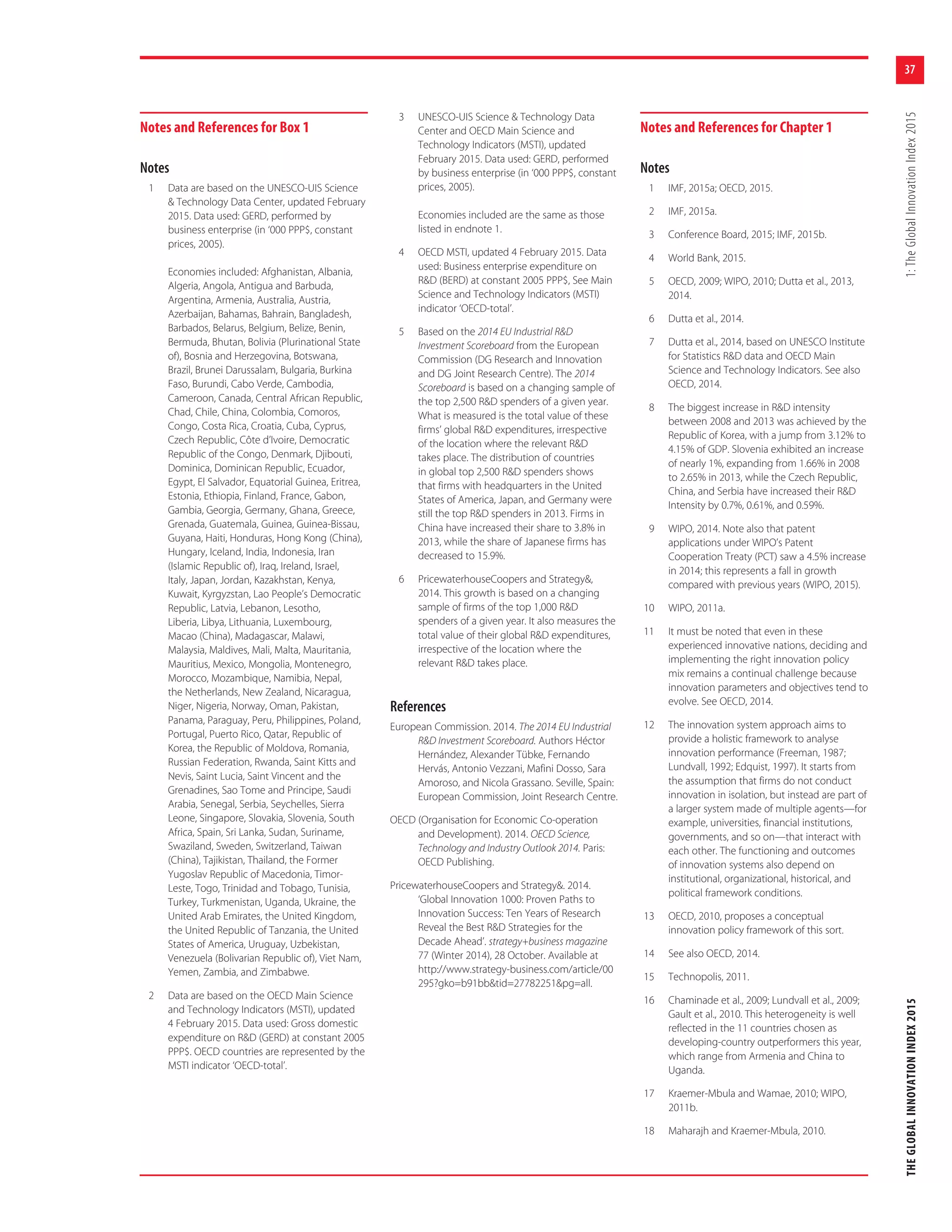 37
THEGLOBALINNOVATIONINDEX20151:TheGlobalInnovationIndex2015
Notes and References for Box 1
Notes
1 Data are based on the UNESCO-UIS Science
& Technology Data Center, updated February
2015. Data used: GERD, performed by
business enterprise (in ‘000 PPP$, constant
prices, 2005).
Economies included: Afghanistan, Albania,
Algeria, Angola, Antigua and Barbuda,
Argentina, Armenia, Australia, Austria,
Azerbaijan, Bahamas, Bahrain, Bangladesh,
Barbados, Belarus, Belgium, Belize, Benin,
Bermuda, Bhutan, Bolivia (Plurinational State
of), Bosnia and Herzegovina, Botswana,
Brazil, Brunei Darussalam, Bulgaria, Burkina
Faso, Burundi, Cabo Verde, Cambodia,
Cameroon, Canada, Central African Republic,
Chad, Chile, China, Colombia, Comoros,
Congo, Costa Rica, Croatia, Cuba, Cyprus,
Czech Republic, Côte d’Ivoire, Democratic
Republic of the Congo, Denmark, Djibouti,
Dominica, Dominican Republic, Ecuador,
Egypt, El Salvador, Equatorial Guinea, Eritrea,
Estonia, Ethiopia, Finland, France, Gabon,
Gambia, Georgia, Germany, Ghana, Greece,
Grenada, Guatemala, Guinea, Guinea-Bissau,
Guyana, Haiti, Honduras, Hong Kong (China),
Hungary, Iceland, India, Indonesia, Iran
(Islamic Republic of), Iraq, Ireland, Israel,
Italy, Japan, Jordan, Kazakhstan, Kenya,
Kuwait, Kyrgyzstan, Lao People’s Democratic
Republic, Latvia, Lebanon, Lesotho,
Liberia, Libya, Lithuania, Luxembourg,
Macao (China), Madagascar, Malawi,
Malaysia, Maldives, Mali, Malta, Mauritania,
Mauritius, Mexico, Mongolia, Montenegro,
Morocco, Mozambique, Namibia, Nepal,
the Netherlands, New Zealand, Nicaragua,
Niger, Nigeria, Norway, Oman, Pakistan,
Panama, Paraguay, Peru, Philippines, Poland,
Portugal, Puerto Rico, Qatar, Republic of
Korea, the Republic of Moldova, Romania,
Russian Federation, Rwanda, Saint Kitts and
Nevis, Saint Lucia, Saint Vincent and the
Grenadines, Sao Tome and Principe, Saudi
Arabia, Senegal, Serbia, Seychelles, Sierra
Leone, Singapore, Slovakia, Slovenia, South
Africa, Spain, Sri Lanka, Sudan, Suriname,
Swaziland, Sweden, Switzerland, Taiwan
(China), Tajikistan, Thailand, the Former
Yugoslav Republic of Macedonia, Timor-
Leste, Togo, Trinidad and Tobago, Tunisia,
Turkey, Turkmenistan, Uganda, Ukraine, the
United Arab Emirates, the United Kingdom,
the United Republic of Tanzania, the United
States of America, Uruguay, Uzbekistan,
Venezuela (Bolivarian Republic of), Viet Nam,
Yemen, Zambia, and Zimbabwe.
2 Data are based on the OECD Main Science
and Technology Indicators (MSTI), updated
4 February 2015. Data used: Gross domestic
expenditure on R&D (GERD) at constant 2005
PPP$. OECD countries are represented by the
MSTI indicator ‘OECD-total’.
3 UNESCO-UIS Science & Technology Data
Center and OECD Main Science and
Technology Indicators (MSTI), updated
February 2015. Data used: GERD, performed
by business enterprise (in ‘000 PPP$, constant
prices, 2005).
Economies included are the same as those
listed in endnote 1.
4 OECD MSTI, updated 4 February 2015. Data
used: Business enterprise expenditure on
R&D (BERD) at constant 2005 PPP$, See Main
Science and Technology Indicators (MSTI)
indicator ‘OECD-total’.
5 Based on the 2014 EU Industrial R&D
Investment Scoreboard from the European
Commission (DG Research and Innovation
and DG Joint Research Centre). The 2014
Scoreboard is based on a changing sample of
the top 2,500 R&D spenders of a given year.
What is measured is the total value of these
firms’ global R&D expenditures, irrespective
of the location where the relevant R&D
takes place. The distribution of countries
in global top 2,500 R&D spenders shows
that firms with headquarters in the United
States of America, Japan, and Germany were
still the top R&D spenders in 2013. Firms in
China have increased their share to 3.8% in
2013, while the share of Japanese firms has
decreased to 15.9%.
6 PricewaterhouseCoopers and Strategy&,
2014. This growth is based on a changing
sample of firms of the top 1,000 R&D
spenders of a given year. It also measures the
total value of their global R&D expenditures,
irrespective of the location where the
relevant R&D takes place.
References
European Commission. 2014. The 2014 EU Industrial
R&D Investment Scoreboard. Authors Héctor
Hernández, Alexander Tübke, Fernando
Hervás, Antonio Vezzani, Mafini Dosso, Sara
Amoroso, and Nicola Grassano. Seville, Spain:
European Commission, Joint Research Centre.
OECD (Organisation for Economic Co-operation
and Development). 2014. OECD Science,
Technology and Industry Outlook 2014. Paris:
OECD Publishing.
PricewaterhouseCoopers and Strategy&. 2014.
‘Global Innovation 1000: Proven Paths to
Innovation Success: Ten Years of Research
Reveal the Best R&D Strategies for the
Decade Ahead’. strategy+business magazine
77 (Winter 2014), 28 October. Available at
http://www.strategy-business.com/article/00
295?gko=b91bb&tid=27782251&pg=all.
Notes and References for Chapter 1
Notes
1 IMF, 2015a; OECD, 2015.
2 IMF, 2015a.
3 Conference Board, 2015; IMF, 2015b.
4 World Bank, 2015.
5 OECD, 2009; WIPO, 2010; Dutta et al., 2013,
2014.
6 Dutta et al., 2014.
7 Dutta et al., 2014, based on UNESCO Institute
for Statistics R&D data and OECD Main
Science and Technology Indicators. See also
OECD, 2014.
8 The biggest increase in R&D intensity
between 2008 and 2013 was achieved by the
Republic of Korea, with a jump from 3.12% to
4.15% of GDP. Slovenia exhibited an increase
of nearly 1%, expanding from 1.66% in 2008
to 2.65% in 2013, while the Czech Republic,
China, and Serbia have increased their R&D
Intensity by 0.7%, 0.61%, and 0.59%.
9 WIPO, 2014. Note also that patent
applications under WIPO’s Patent
Cooperation Treaty (PCT) saw a 4.5% increase
in 2014; this represents a fall in growth
compared with previous years (WIPO, 2015).
10 WIPO, 2011a.
11 It must be noted that even in these
experienced innovative nations, deciding and
implementing the right innovation policy
mix remains a continual challenge because
innovation parameters and objectives tend to
evolve. See OECD, 2014.
12 The innovation system approach aims to
provide a holistic framework to analyse
innovation performance (Freeman, 1987;
Lundvall, 1992; Edquist, 1997). It starts from
the assumption that firms do not conduct
innovation in isolation, but instead are part of
a larger system made of multiple agents—for
example, universities, financial institutions,
governments, and so on—that interact with
each other. The functioning and outcomes
of innovation systems also depend on
institutional, organizational, historical, and
political framework conditions.
13 OECD, 2010, proposes a conceptual
innovation policy framework of this sort.
14 See also OECD, 2014.
15 Technopolis, 2011.
16 Chaminade et al., 2009; Lundvall et al., 2009;
Gault et al., 2010. This heterogeneity is well
reflected in the 11 countries chosen as
developing-country outperformers this year,
which range from Armenia and China to
Uganda.
17 Kraemer-Mbula and Wamae, 2010; WIPO,
2011b.
18 Maharajh and Kraemer-Mbula, 2010.
 