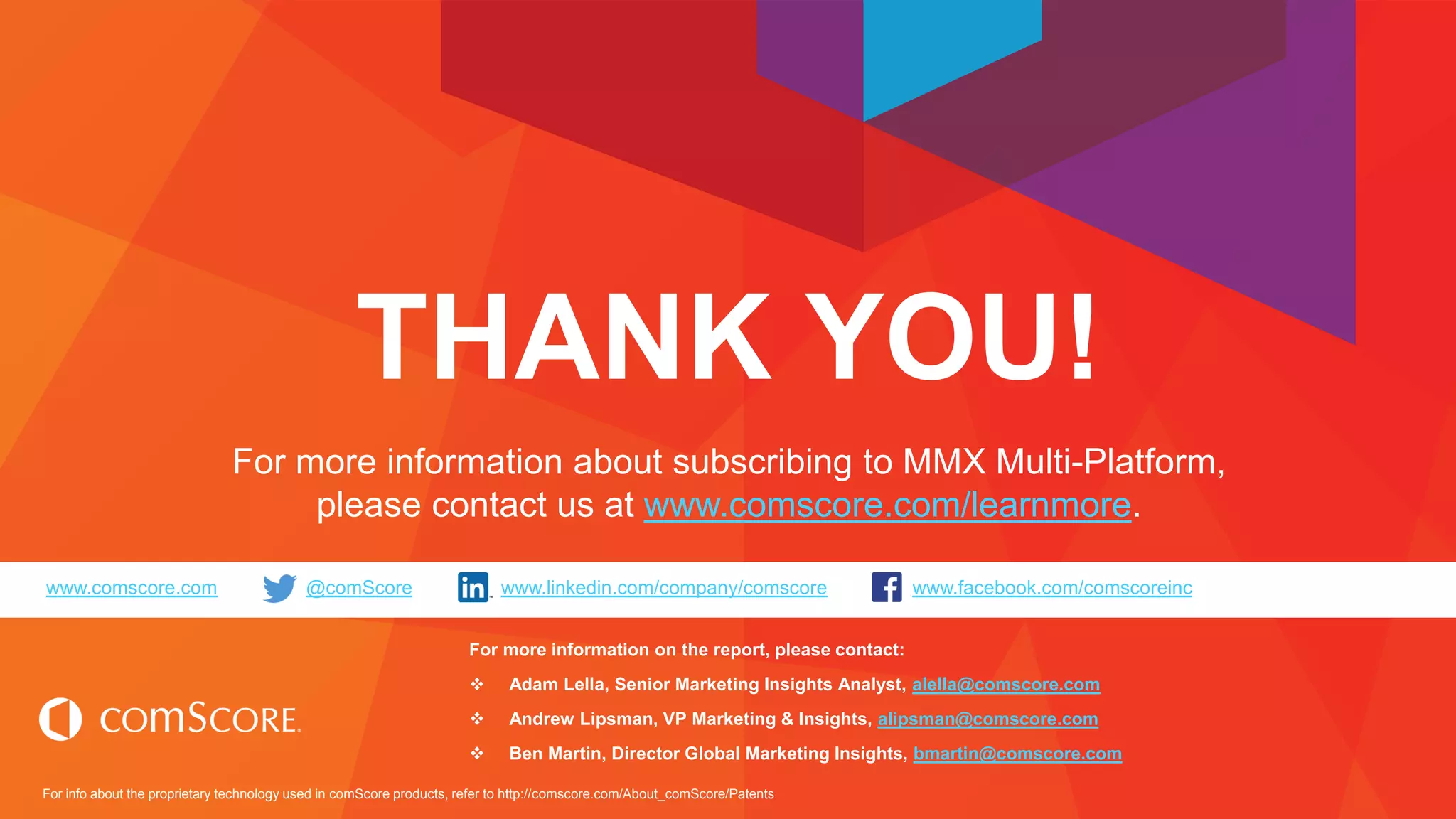For info about the proprietary technology used in comScore products, refer to http://comscore.com/About_comScore/Patents
www.comscore.com @comScore www.linkedin.com/company/comscore www.facebook.com/comscoreinc
THANK YOU!
For more information on the report, please contact:
 Adam Lella, Senior Marketing Insights Analyst, alella@comscore.com
 Andrew Lipsman, VP Marketing & Insights, alipsman@comscore.com
 Ben Martin, Director Global Marketing Insights, bmartin@comscore.com
For more information about subscribing to MMX Multi-Platform,
please contact us at www.comscore.com/learnmore.
 