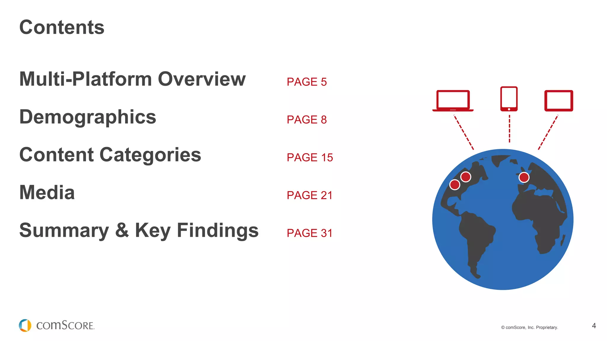 © comScore, Inc. Proprietary. 4
Multi-Platform Overview PAGE 5
Demographics PAGE 8
Content Categories PAGE 15
Media PAGE 21
Summary & Key Findings PAGE 31
Contents
 