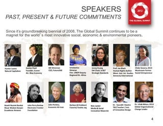 SPEAKERS
 PAST, PRESENT & FUTURE COMMITMENTS

 Since it’s groundbreaking biennial of 2008, The Global Summit continues to be a
 magnet for the world’s most innovative social, economic & environmental pioneers.




Hunter Lovins         Gunter Pauli           Bill Shireman      Scholastica             Jenny Huang           Prof. Jan Black          Chido Govera, 2014
Natural Capitalism    Founder, Ecover        CEO, Future500     Kimaryo                 EW Chair/ AT&T        Human Rights Author      Mushroom Farmer
                      Atr. Blue Economy                         Fmr. UNDP Deputy        Strategic Standards   Mont. Inst. Int. Studies Social Entrepreneur
                                                                Regional Dir. Africa                          Amnesty International




                       John Perry Barlow     John Perkins,      Barbara M Hubbard                             Dr. Saurabh Kwatra      Dr. Ichak Adizes, 2014
Anank Nunink Nunkai                                                                    Nick Jankel
                       Electronic Frontier   Economic Hit man   Futurist/ Evolve.org                          TRIZ Teacher / Inst.    Global Organizational
Shuar Wsdom Keeper                                                                     Media & Social
                       Foundation                                                                             of Innovative Design    Change Leader
Ecuadoran Amazon                                                                       Innovation Maverick



                                                                                                                                                         4
 