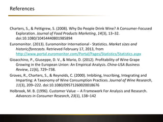 References
Charters, S., & Pettigrew, S. (2008). Why Do People Drink Wine? A Consumer-Focused
Exploration. Journal of Food Products Marketing, 14(3), 13–32.
doi:10.1080/10454440801985894
Euromonitor. (2013). Euromonitor International - Statistics. Market sizes and
historic/forecasts. Retrieved February 17, 2013, from
http://www.portal.euromonitor.com/Portal/Pages/Statistics/Statistics.aspx
Gioacchino, P., Giuseppe, D. V., & Mario, D. (2012). Profitability of Wine Grape
Growing in the European Union: An Empirical Analysis. China-USA Business
Review, 11(6), 729–738.
Groves, R., Charters, S., & Reynolds, C. (2000). Imbibing, Inscribing, Integrating and
Imparting: A Taxonomy of Wine Consumption Practices. Journal of Wine Research,
11(3), 209–222. doi:10.1080/09571260020018676
Holbrook, M. B. (1996). Customer Value -- A Framework For Analysis and Research.
Advances in Consumer Research, 23(1), 138–142
 