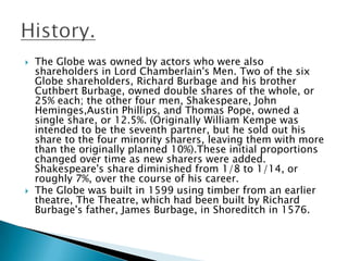 The Globe was owned by actors who were also shareholders in Lord Chamberlain's Men. Two of the six Globe shareholders, Richard Burbage and his brother Cuthbert Burbage, owned double shares of the whole, or 25% each; the other four men, Shakespeare, John Heminges,Austin Phillips, and Thomas Pope, owned a single share, or 12.5%. (Originally William Kempe was intended to be the seventh partner, but he sold out his share to the four minority sharers, leaving them with more than the originally planned 10%).These initial proportions changed over time as new sharers were added. Shakespeare's share diminished from 1/8 to 1/14, or roughly 7%, over the course of his career.The Globe was built in 1599 using timber from an earlier theatre, The Theatre, which had been built by Richard Burbage's father, James Burbage, in Shoreditchin 1576. History.