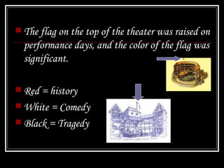 The flag on the top of the theater was raised on performance days, and the color of the flag was significant.  Red = history White = Comedy Black = Tragedy 