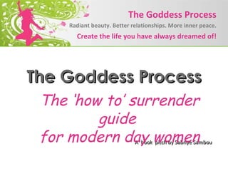 The Goddess Process A  book  pitch by Sabriye Sambou   The ‘how to’ surrender guide  for modern day women Create the life you have always dreamed of! Radiant beauty. Better relationships. More inner peace. The Goddess Process 