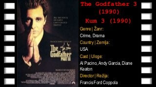 The Godfather 3 (1990) Watch Online | Kum 3 (1990) Online Sa Prevodom | The Godfather 3 (Kum 3) Ceo Film Sa Prevodom |
The Godfather 3
(1990)
Kum 3 (1990)
Genre | Žanr:
Crime, Drama
Country | Zemlja:
USA
Cast | Uloge:
Al Pacino, Andy Garcia, Diane
Keaton
Director | Režija:
Francis Ford Coppola
 