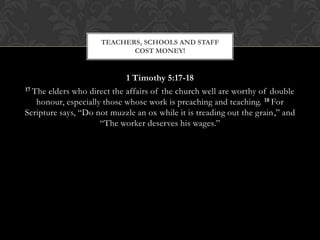 1 Timothy 5:17-18
17 The elders who direct the affairs of the church well are worthy of double
honour, especially those whose work is preaching and teaching. 18 For
Scripture says, “Do not muzzle an ox while it is treading out the grain,” and
“The worker deserves his wages.”
TEACHERS, SCHOOLS AND STAFF
COST MONEY!
 