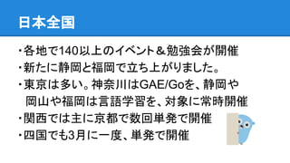 日本全国
・各地で140以上のイベント＆勉強会が開催
・新たに静岡と福岡で立ち上がりました。
・東京は多い。神奈川はGAE/Goを、静岡や
　岡山や福岡は言語学習を、対象に常時開催
・関西では主に京都で数回単発で開催
・四国でも3月に一度、単発で開催
 