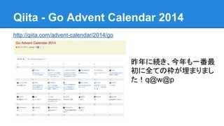 Qiita - Go Advent Calendar 2014
http://qiita.com/advent-calendar/2014/go
昨年に続き、今年も一番最
初に全ての枠が埋まりまし
た！q@w@p
 