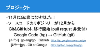 プロジェクト
・11月にGo歳になりました！
・ソースコードのリポジトリーが12月から
　Git&GitHubに移行開始（pull requst 非受付）
　Google Code (hg) → GitHub (git)
　　[メイン] golang/go · GitHub https://go.googlesource.com/go
[ミラー]go - Git at Google https://github.com/golang/go
 