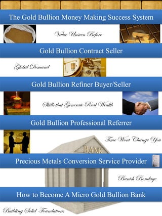 The Gold Bullion Money Making Success System

                     Value Unseen Before

               Gold Bullion Contract Seller

    Global Demand

            Gold Bullion Refiner Buyer/Seller

                Skills that Generate Real Wealth

           Gold Bullion Professional Referrer

                                            Time Wont Change You


     Precious Metals Conversion Service Provider

                                                   Banish Bondage

      How to Become A Micro Gold Bullion Bank

Building Solid Foundations
 