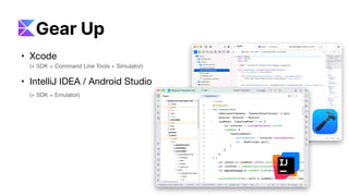 • Xcode
(+ SDK + Command Line Tools + Simulator)
• IntelliJ IDEA / Android Studio
(+ SDK + Emulator)
Gear Up
 