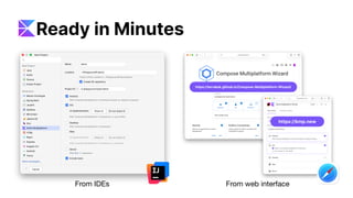 From IDEs From web interface
https://terrakok.github.io/Compose-Multiplatform-Wizard/
https://kmp.new
Ready in Minutes
 