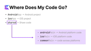• AndroidApp → Android project
• iosApp → iOS project
• shared → Share code
- androidMain → Android platform code
- iosMain → iOS platform code
- commonMain → code across platforms
Where Does My Code Go?
 
