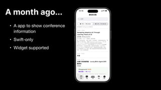 A month ago...
• A app to show conference
information
• Swift-only
• Widget supported
 