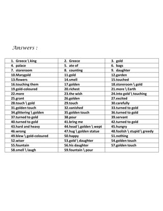 Answers : 
1. Greece  king 
2. Greece 
3. gold 
4. palace 
5. ate of 
6. bags 
7. storeroom 
8. counting 
9. daughter 
10. Marygold 
11. gold 
12. garden 
13. flowers 
14. smell 
15. touched 
16. touching them 
17. golden 
18. storeroom  gold 
19. gold-coloured 
20. richest 
21. more  Earth 
22. more 
23. the wish 
24. into gold  touching 
25. grant 
26. golden 
27. excited 
28. touch  gold 
29. touch 
30. carefully 
31. golden touch 
32. vanished 
33. turned to gold 
34. glittering  golden 
35. golden touch 
36. turned to gold 
37. turned to gold 
38. pour 
39. servant 
40. turned to gold 
41. bring me 
42. turned to gold 
43. hard and heavy 
44. head  golden  wept 
45. hungry 
46. wrong 
47. hug  golden statue 
48. foolish  stupid  greedy 
49. blew  gold-coloured 
50. happy 
51. nothing 
52. wiser 
53. gold  daughter 
54. golden touch 
55. fountain 
56. his daughter 
57. golden touch 
58. smell  laugh 
59. fountain  pour 
 