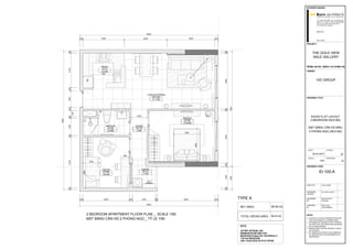 Living room+Dining
AP-LI/DI
21.7 M2
Kitchen
AP-KI
5.4 M2
Laundry
AP-LA
2.3 M2
Bathroom
AP-BE
3.8 M2
Bedroom
AP-BE
12.8 M2
Kidroom
AP-BE
8.6 M2
200 2500 2900 200
8400
100210010010501003100100
8400
200 2800 200 1400 100 3500 200
8400
100340010032002001300100
70001400
2600
1000
1000
F
Corridor
AP-CO
3 M2
1600
2000
1000
1900
350
200200
500
NET AREA
TOTAL GROSS AREA 64.9 m2
TYPE A
59.06 m2
2 BEDROOM APARTMENT FLOOR PLAN _ SCALE 1/50
MẶT BẰNG CĂN HỘ 2 PHÒNG NGỦ _ TỶ LỆ 1/50
1250
ID-100-A
NOTE :
SHOW FLAT LAYOUT
2 BEDROOM (59.6 M2)
MẶT BẰNG CĂN HỘ MẪU
2 PHÒNG NGỦ (59.6 M2)
26.03.2015
02
SC
• Contractor to confirm samples of finish with
client and designer (in a sample board)
• All designs are copyright of Korn Architects
and cannot be used without their permission
• Do not scale drawings
• Measurements must be checked on site by
the contractor.
• All materials and fixtures to be installed as
per manufacturers recommendations and
specifications
Tel: +84 8 3915 3386 | Fax: +84 8 3915 3387
Suite 102 | 1st Floor | Kim Do Office Building
123 Le Loi st | Ben Thanh ward | Dist 1
Ho Chi Minh city | Vietnam
INTERIOR DESIGN :
PROJECT :
OWNER:
DIRECTOR
DESIGNED
BY
CHECKED
BY
STAGE :
REVISION :
DRAWING TITLE :
DRAWING CODE :
AXEL KORN
orn architectsI n s p i r e d d e s i g n f r o m G e r m a n y
THE GOLD VIEW
SALE GALLERY
AXEL KORN
DIRECTOR
NGUYEN VIET
PHUONG
ROLF VAN
VALKENBURG
LE NGOC VAN VYDESIGNED
LEADER
DATE :
SCALE :
VID GROUP
1/50
 