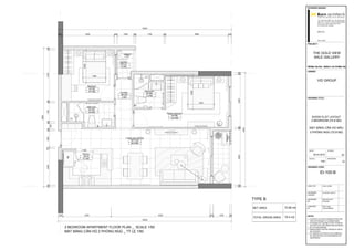 Living room+Dining
AP-LI/DI
24.9 M2
Laundry
AP-LA
1.6 M2
6900
10500
10010002006000
100
20038001001700
100220010003100100
32003400
100
2900
200
Master bedroom
AP-BE
14.2 M2
1001150100
200 1000
Bathroom
AP-BA
3.8 M2
2000
1400
1600
2000
Corridor
AP-CO
3 M2
Bedroom
AP-BE
9.7 M2
100
Kitchen
AP-KI
6.3 M2
Bathroom
AP-BA
3.2 M2
100100
8400
100
350
3200200
NET AREA
TOTAL GROSS AREA 79.4 m2
TYPE B
72.86 m2
2 BEDROOM APARTMENT FLOOR PLAN _ SCALE 1/50
MẶT BẰNG CĂN HỘ 2 PHÒNG NGỦ _ TỶ LỆ 1/50
300
F
10500
1000
ID-100-B
NOTE :
SHOW FLAT LAYOUT
2 BEDROOM (72.8 M2)
MẶT BẰNG CĂN HỘ MẪU
2 PHÒNG NGỦ (72.8 M2)
26.03.2015
02
SC
• Contractor to confirm samples of finish with
client and designer (in a sample board)
• All designs are copyright of Korn Architects
and cannot be used without their permission
• Do not scale drawings
• Measurements must be checked on site by
the contractor.
• All materials and fixtures to be installed as
per manufacturers recommendations and
specifications
Tel: +84 8 3915 3386 | Fax: +84 8 3915 3387
Suite 102 | 1st Floor | Kim Do Office Building
123 Le Loi st | Ben Thanh ward | Dist 1
Ho Chi Minh city | Vietnam
INTERIOR DESIGN :
PROJECT :
OWNER:
DIRECTOR
DESIGNED
BY
CHECKED
BY
STAGE :
REVISION :
DRAWING TITLE :
DRAWING CODE :
AXEL KORN
orn architectsI n s p i r e d d e s i g n f r o m G e r m a n y
THE GOLD VIEW
SALE GALLERY
AXEL KORN
DIRECTOR
NGUYEN VIET
PHUONG
ROLF VAN
VALKENBURG
LE NGOC VAN VYDESIGNED
LEADER
DATE :
SCALE :
VID GROUP
1/50
 