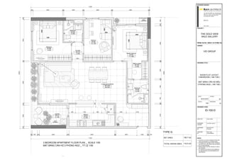 NET AREA
TOTAL GROSS AREA 116.5 m2
TYPE D
106.7 m2
3 BEDROOM APARTMENT FLOOR PLAN _ SCALE 1/50
MẶT BẰNG CĂN HỘ 3 PHÒNG NGỦ _ TỶ LỆ 1/50
2000
11200
10500
26001002800
20039001003900
200 4300 100 2000 100
200
200
200
2600100
200
Kitchen
AP-KI
9.3 M2
3300
1000 100
3400100
90013001600600
11200
Laundry
AP-LA
3.1 M2
100
Master bedroom
AP-BE
11.1 M2
100 1800
100
Bathroom
AP-BA
3.3 M2
Bedroom
AP-BE
12 M2
100
Walk-in closet
AP-WA
3.3 M2
200500
2100200
10500
100
Bathroom
AP-BA
3.9 M2
Corridor
AP-CO
1.8 M2
Living room & Dining
AP-LI/DI
38.6 M2
F
600
800600 1000
Kidroom
AP-BE
10.1 M2
2100
1000
12001700
ID-100-D
NOTE :
SHOW FLAT LAYOUT
3 BEDROOM ( 106.7 M2 )
MẶT BẰNG CĂN HỘ MẪU
3 PHÒNG NGỦ ( 106.7 M2 )
26.03.2015
02
SC
• Contractor to confirm samples of finish with
client and designer (in a sample board)
• All designs are copyright of Korn Architects
and cannot be used without their permission
• Do not scale drawings
• Measurements must be checked on site by
the contractor.
• All materials and fixtures to be installed as
per manufacturers recommendations and
specifications
Tel: +84 8 3915 3386 | Fax: +84 8 3915 3387
Suite 102 | 1st Floor | Kim Do Office Building
123 Le Loi st | Ben Thanh ward | Dist 1
Ho Chi Minh city | Vietnam
INTERIOR DESIGN :
PROJECT :
OWNER:
DIRECTOR
DESIGNED
BY
CHECKED
BY
STAGE :
REVISION :
DRAWING TITLE :
DRAWING CODE :
AXEL KORN
orn architectsI n s p i r e d d e s i g n f r o m G e r m a n y
THE GOLD VIEW
SALE GALLERY
AXEL KORN
DIRECTOR
NGUYEN VIET
PHUONG
ROLF VAN
VALKENBURG
LE NGOC VAN VYDESIGNED
LEADER
DATE :
SCALE :
VID GROUP
1/50
 