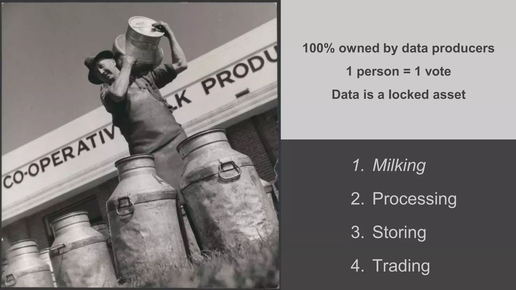 100% owned by data producers 
1 person = 1 vote 
Data is a locked asset 
1. Milking 
2. Processing 
3. Storing 
4. Trading 
 