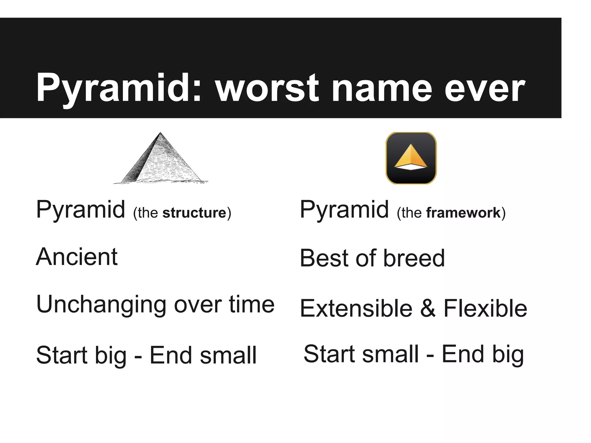 Pyramid: worst name ever
Pyramid (the structure) Pyramid (the framework)
Start big - End small Start small - End big
Ancient Best of breed
Unchanging over time Extensible & Flexible
 