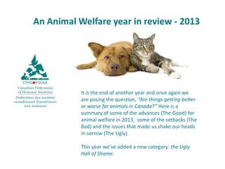 An Animal Welfare year in review - 2013

It is the end of another year and once again we
are posing the question, “Are things getting better
or worse for animals in Canada?” Here is a
summary of some of the advances (The Good) for
animal welfare in 2013, some of the setbacks (The
Bad) and the issues that made us shake our heads
in sorrow (The Ugly).
This year we’ve added a new category: the Ugly
Hall of Shame.

 
