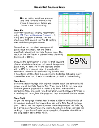 Tip: No matter what tool you use,
take time to verify the data and
ensure it is accurate, before you
commit hours to marketing.
Step Six
Verify On-Page SEO. I highly recommend
using IBP (Internet Business Promoter). It
is my SEO program of choice. IBP will
check your SEO against the Top 10 ranking
sites and then give you a score.
Granted we ran this check on a general
page about meta tags, not one that is
specifically about just the Meta Expires page. The
result of the IBP check? A pathetic 69% (Perfectly
Optimized = 100%).
Okay, so the optimization is weak for that keyword
phrase, which is to be expected since it is a generic
page. Now, if I rank #8 for the keyword phrase
with a 69% on a general page, it would make
sense that I could nail a double-listing for this term
if I put forth a little effort. A double-listing (indented listing) is highly
coveted because the click-thru rate skyrockets with a double-listing.
Step Seven
I created a focused page with original content about the definition and
proper use of the Meta Expires Tag. Then, add a link to this new page
from the general page (which ranked #8). Next, we created a
compelling Title, a focused Meta Description, use the Keyword Phrase in
a Heading and throughout the page and then we upload it to the server.
Step Eight
To get the new page indexed fast, I wrote a post on a blog outside of
this domain and used the keyword phrase in the Title Tag of the blog
post. I like to use the keyword phrase in the beginning of the Title Tag
as it gives more “push” plus my testing has shown it helps increase the
rankings. If you have Google in your ping list, GoogleBot should index
the blog post in about three hours.
Google Best Practices Guide
© 2003-2009 WebMarketingNow.com All Rights Reserved Page 12 of 177
 