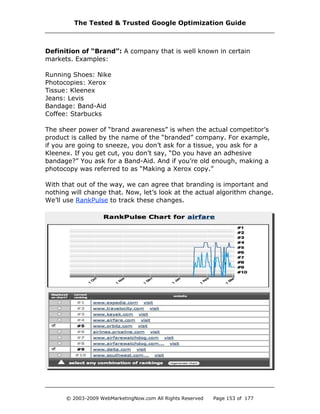 Definition of “Brand”: A company that is well known in certain
markets. Examples:
Running Shoes: Nike
Photocopies: Xerox
Tissue: Kleenex
Jeans: Levis
Bandage: Band-Aid
Coffee: Starbucks
The sheer power of “brand awareness” is when the actual competitor’s
product is called by the name of the “branded” company. For example,
if you are going to sneeze, you don’t ask for a tissue, you ask for a
Kleenex. If you get cut, you don’t say, “Do you have an adhesive
bandage?” You ask for a Band-Aid. And if you’re old enough, making a
photocopy was referred to as “Making a Xerox copy.”
With that out of the way, we can agree that branding is important and
nothing will change that. Now, let’s look at the actual algorithm change.
We’ll use RankPulse to track these changes.
The Tested & Trusted Google Optimization Guide
© 2003-2009 WebMarketingNow.com All Rights Reserved Page 153 of 177
 
