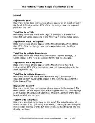 Legend
Keyword in Title
How many times does the keyword phrase appear as an exact phrase in
the Title? 0.7 indicates that 70% of the top listings have the keyword
phrase in the Title.
Total Words in Title
How many words are in the Title Tag? On average, 7.8 refers to 8
(rounded up) words appearing in the Title Tag in the top listed pages.
Keyword in Meta Description
Does the keyword phrase appear in the Meta Description? 0.6 states
that 60% of the top listings have the keyword phrase in the Meta
Description.
Total Words in Meta Description
How many words are in the Meta Description Tag? On average, 16
words appear in the Meta Description for the top listed pages.
Keyword in Meta Keywords
Does the keyword phrase appear in the Meta Keyword Tag? 0.5
indicates that 50% of the top listings have the keyword phrase in the
Meta Keywords Tag.
Total Words in Meta Keywords
How many words are in the Meta Keywords Tag? On average, 21
(rounded up from 20.9) words appear in the top listed pages for the
Meta Keyword Tag.
Keyword in Content
How many times does the keyword phrase appear in the content? The
results show that the keyword phrase will appear on a top ranking page
at an average of 5 (rounded up) times. This is the content of the page,
based on what you can see.
Total Words in Content
How many words of content are on the page? The actual number of
words counted is 611 (including stop words). The major search engines
do not index the stop words, but they are counted and figured into the
density numbers.
The Tested & Trusted Google Optimization Guide
© 2003-2009 WebMarketingNow.com All Rights Reserved Page 21 of 177
 