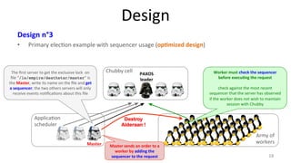 Applica9on 
scheduler 
Design 
Design 
n°3 
• Primary 
elec9on 
example 
with 
sequencer 
usage 
(op7mized 
design) 
18 
Chubby 
cell 
PAXOS 
leader 
Master 
Army 
of 
workers 
Destroy 
Alderaan ! 
Master 
sends 
an 
order 
to 
a 
worker 
by 
adding 
the 
sequencer 
to 
the 
request 
Worker 
must 
check 
the 
sequencer 
before 
execu7ng 
the 
request 
check 
against 
the 
most 
recent 
sequencer 
that 
the 
server 
has 
observed 
if 
the 
worker 
does 
not 
wish 
to 
maintain 
session 
with 
Chubby 
The 
first 
server 
to 
get 
the 
exclusive 
lock 
on 
file 
“/ls/empire/deathstar/master“ 
is 
the 
Master, 
write 
its 
name 
on 
the 
file 
and 
get 
a 
sequencer; 
the 
two 
others 
servers 
will 
only 
receive 
events 
no9fica9ons 
about 
this 
file 
 