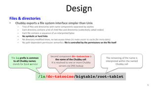 Design 
Files 
& 
directories 
• Chubby 
exports 
a 
file 
system 
interface 
simpler 
than 
Unix 
– Tree 
of 
files 
and 
directories 
with 
name 
components 
separated 
by 
slashes 
– Each 
directory 
contains 
a 
list 
of 
child 
files 
and 
directories 
(collec9vely 
called 
nodes) 
– Each 
file 
contains 
a 
sequence 
of 
un-­‐interpreted 
bytes 
– No 
symbolic 
or 
hard 
links 
– No 
directory 
modified 
9mes, 
no 
last-­‐access 
9mes 
(to 
make 
easier 
to 
cache 
file 
meta-­‐data) 
– No 
path-­‐dependent 
permission 
seman9cs: 
file 
is 
controlled 
by 
the 
permissions 
on 
the 
file 
itself 
9 
The 
remaining 
of 
the 
name 
is 
interpreted 
within 
the 
named 
Chubby 
cell 
/ls/dc-tatooine/bigtable/root-tablet! 
The 
ls 
prefix 
is 
common 
to 
all 
Chubby 
names: 
stands 
for 
lock 
service 
Second 
component 
dc-tatooine 
is 
the 
name 
of 
the 
Chubby 
cell. 
It 
is 
resolved 
to 
one 
or 
more 
Chubby 
servers 
via 
DNS 
lookup 
 