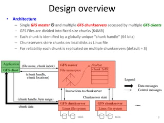 Design 
overview 
• Architecture 
– Single 
GFS 
master 
! 
and 
mul+ple 
GFS 
chunkservers 
accessed 
by 
mul+ple 
GFS 
clients 
– GFS 
Files 
are 
divided 
into 
fixed-­‐size 
chunks 
(64MB) 
– Each 
chunk 
is 
iden+fied 
by 
a 
globally 
unique 
“chunk 
handle” 
(64 
bits) 
– Chunkservers 
store 
chunks 
on 
local 
disks 
as 
Linux 
file 
– For 
reliability 
each 
chunk 
is 
replicated 
on 
mul+ple 
chunkservers 
(default 
= 
3) 
7 
 