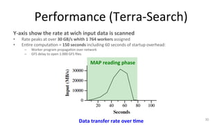 Performance 
(Terra-­‐Search) 
Y-­‐axis 
show 
the 
rate 
at 
wich 
input 
data 
is 
scanned 
• Rate 
peaks 
at 
over 
30 
GB/s 
whith 
1 
764 
workers 
assigned 
• En8re 
computa8on 
= 
150 
seconds 
including 
60 
seconds 
of 
startup 
overhead: 
– Worker 
program 
propaga8on 
over 
network 
– GFS 
delay 
to 
open 
1.000 
GFS 
files 
Data 
transfer 
rate 
over 
4me 
30 
MAP 
reading 
phase 
 