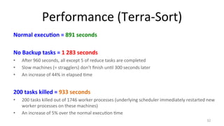 Performance 
(Terra-­‐Sort) 
Normal 
execu4on 
= 
891 
seconds 
No 
Backup 
tasks 
= 
1 
283 
seconds 
• Aler 
960 
seconds, 
all 
except 
5 
of 
reduce 
tasks 
are 
completed 
• Slow 
machines 
(= 
stragglers) 
don’t 
finish 
un8l 
300 
seconds 
later 
• An 
increase 
of 
44% 
in 
elapsed 
8me 
200 
tasks 
killed 
= 
933 
seconds 
• 200 
tasks 
killed 
out 
of 
1746 
worker 
processes 
(underlying 
scheduler 
immediately 
restarted 
new 
worker 
processes 
on 
these 
machines) 
• An 
increase 
of 
5% 
over 
the 
normal 
execu8on 
8me 
32 
 