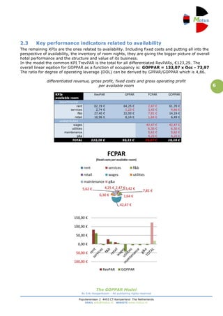 2.3     Key performance indicators related to availability
The remaining KPIs are the ones related to availability. Including fixed costs and putting all into the
perspective of availability, the inventory of room nights, they are giving the bigger picture of overall
hotel performance and the structure and value of its business.
In the model the common KPI TrevPAR is the total for all differentiated RevPARs, €123,29. The
overall linear eqation for GOPPAR as a function of occupancy is: GOPPAR = 133,07 x Occ - 73,97
The ratio for degree of operating leverage (DOL) can be derived by GPPAR/GOPPAR which is 4,86.

              differentiated revenue, gross profit, fixed costs and gross operating profit
                                          per available room                                               6




                                           The GOPPAR Model
                                 By Erik Hoogenboom – All publishing rights reserved

                                Populierenlaan 2 4493 CT Kamperland The Netherlands
                                    EMAIL erik@motus.nl WEBSITE www.motus.nl
 