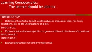 Learning Competencies:
The learner should be able to:
EN10RC-Ib-2.15.2
 Determine the effect of textual aids like advance organizers, titles, non-linear
illustrations, etc. on the understanding of a text.
EN10LT-Ib-2.2
 Explain how the elements specific to a genre contribute to the theme of a particular
literary selection
EN10LT-Ib2.2.1
 Express appreciation for sensory images used
 
