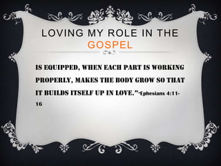 LOVING MY ROLE IN THE
        GOSPEL

is equipped, when each part is working
properly, makes the body grow so that
it Builds itself up in love.”-Ephesians 4:11-
16
 