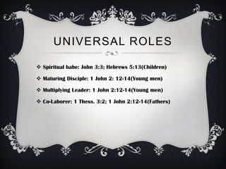 UNIVERSAL ROLES

 Spiritual babe: John 3:3; Hebrews 5:13(Children)

 Maturing Disciple: 1 John 2: 12-14(Young men)

 Multiplying Leader: 1 John 2:12-14(Young men)

 Co-Laborer: 1 Thess. 3:2; 1 John 2:12-14(Fathers)
 