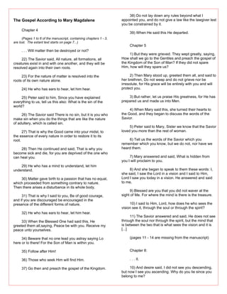 38) Do not lay down any rules beyond what I
The Gospel According to Mary Magdalene                              appointed you, and do not give a law like the lawgiver lest
                                                                    you be constrained by it.
     Chapter 4
                                                                         39) When He said this He departed.
      (Pages 1 to 6 of the manuscript, containing chapters 1 - 3,
are lost. The extant text starts on page 7...)
                                                                         Chapter 5
     . . . Will matter then be destroyed or not?
                                                                         1) But they were grieved. They wept greatly, saying,
     22) The Savior said, All nature, all formations, all           How shall we go to the Gentiles and preach the gospel of
creatures exist in and with one another, and they will be           the Kingdom of the Son of Man? If they did not spare
resolved again into their own roots.                                Him, how will they spare us?

     23) For the nature of matter is resolved into the                   2) Then Mary stood up, greeted them all, and said to
roots of its own nature alone.                                      her brethren, Do not weep and do not grieve nor be
                                                                    irresolute, for His grace will be entirely with you and will
     24) He who has ears to hear, let him hear.                     protect you.

     25) Peter said to him, Since you have explained                    3) But rather, let us praise His greatness, for He has
everything to us, tell us this also: What is the sin of the         prepared us and made us into Men.
world?
                                                                         4) When Mary said this, she turned their hearts to
     26) The Savior said There is no sin, but it is you who         the Good, and they began to discuss the words of the
make sin when you do the things that are like the nature            Savior.
of adultery, which is called sin.
                                                                         5) Peter said to Mary, Sister we know that the Savior
      27) That is why the Good came into your midst, to             loved you more than the rest of woman.
the essence of every nature in order to restore it to its
root.                                                                   6) Tell us the words of the Savior which you
                                                                    remember which you know, but we do not, nor have we
     28) Then He continued and said, That is why you                heard them.
become sick and die, for you are deprived of the one who
can heal you.                                                            7) Mary answered and said, What is hidden from
                                                                    you I will proclaim to you.
    29) He who has a mind to understand, let him
understand.                                                              8) And she began to speak to them these words: I,
                                                                    she said, I saw the Lord in a vision and I said to Him,
    30) Matter gave birth to a passion that has no equal,           Lord I saw you today in a vision. He answered and said
which proceeded from something contrary to nature.                  to me,
Then there arises a disturbance in its whole body.
                                                                         9) Blessed are you that you did not waver at the
     31) That is why I said to you, Be of good courage,             sight of Me. For where the mind is there is the treasure.
and if you are discouraged be encouraged in the
presence of the different forms of nature.                               10) I said to Him, Lord, how does he who sees the
                                                                    vision see it, through the soul or through the spirit?
     32) He who has ears to hear, let him hear.
                                                                          11) The Savior answered and said, He does not see
     33) When the Blessed One had said this, He                     through the soul nor through the spirit, but the mind that
greeted them all,saying, Peace be with you. Receive my              is between the two that is what sees the vision and it is
peace unto yourselves.                                              [...]

     34) Beware that no one lead you astray saying Lo                    (pages 11 - 14 are missing from the manuscript)
here or lo there! For the Son of Man is within you.

     35) Follow after Him!                                               Chapter 8:

     36) Those who seek Him will find Him.                               . . . it.

     37) Go then and preach the gospel of the Kingdom.                   10) And desire said, I did not see you descending,
                                                                    but now I see you ascending. Why do you lie since you
                                                                    belong to me?
 