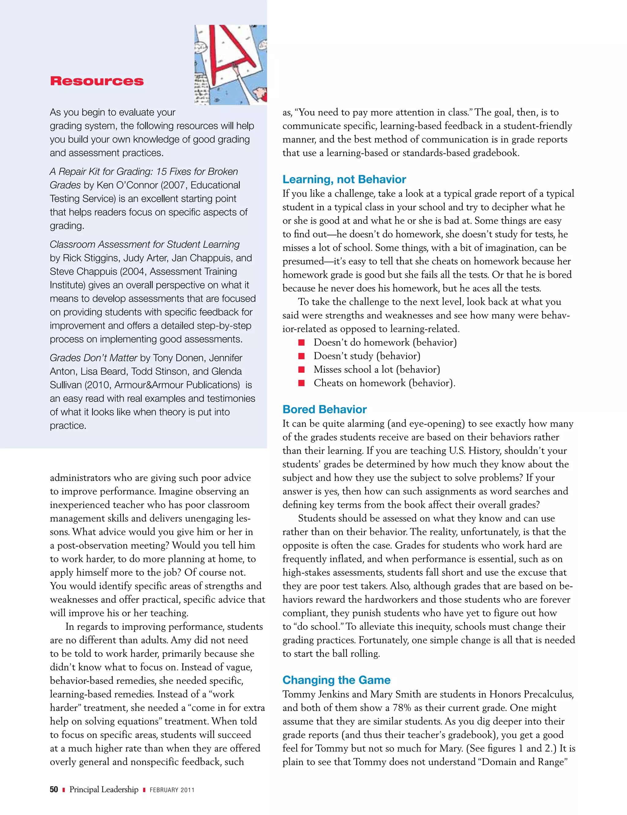 Resources

As you begin to evaluate your                          as, “You need to pay more attention in class.” The goal, then, is to
grading system, the following resources will help      communicate specific, learning-based feedback in a student-friendly
you build your own knowledge of good grading           manner, and the best method of communication is in grade reports
and assessment practices.                              that use a learning-based or standards-based gradebook.
A Repair Kit for Grading: 15 Fixes for Broken
Grades by Ken O’Connor (2007, Educational
                                                       Learning, not Behavior
                                                       If you like a challenge, take a look at a typical grade report of a typical
Testing Service) is an excellent starting point
                                                       student in a typical class in your school and try to decipher what he
that helps readers focus on specific aspects of
                                                       or she is good at and what he or she is bad at. Some things are easy
grading.
                                                       to find out—he doesn’t do homework, she doesn’t study for tests, he
Classroom Assessment for Student Learning              misses a lot of school. Some things, with a bit of imagination, can be
by Rick Stiggins, Judy Arter, Jan Chappuis, and        presumed—it’s easy to tell that she cheats on homework because her
Steve Chappuis (2004, Assessment Training              homework grade is good but she fails all the tests. Or that he is bored
Institute) gives an overall perspective on what it     because he never does his homework, but he aces all the tests.
means to develop assessments that are focused               To take the challenge to the next level, look back at what you
on providing students with specific feedback for       said were strengths and weaknesses and see how many were behav-
improvement and offers a detailed step-by-step         ior-related as opposed to learning-related.
process on implementing good assessments.                   n Doesn’t do homework (behavior)
Grades Don’t Matter by Tony Donen, Jennifer                 n Doesn’t study (behavior)
Anton, Lisa Beard, Todd Stinson, and Glenda                 n Misses school a lot (behavior)
Sullivan (2010, Armour&Armour Publications) is              n Cheats on homework (behavior).
an easy read with real examples and testimonies
of what it looks like when theory is put into          Bored Behavior
practice.                                              It can be quite alarming (and eye-opening) to see exactly how many
                                                       of the grades students receive are based on their behaviors rather
                                                       than their learning. If you are teaching U.S. History, shouldn’t your
                                                       students’ grades be determined by how much they know about the
administrators who are giving such poor advice         subject and how they use the subject to solve problems? If your
to improve performance. Imagine observing an           answer is yes, then how can such assignments as word searches and
inexperienced teacher who has poor classroom           defining key terms from the book affect their overall grades?
management skills and delivers unengaging les-             Students should be assessed on what they know and can use
sons. What advice would you give him or her in         rather than on their behavior. The reality, unfortunately, is that the
a post-observation meeting? Would you tell him         opposite is often the case. Grades for students who work hard are
to work harder, to do more planning at home, to        frequently inflated, and when performance is essential, such as on
apply himself more to the job? Of course not.          high-stakes assessments, students fall short and use the excuse that
You would identify specific areas of strengths and     they are poor test takers. Also, although grades that are based on be-
weaknesses and offer practical, specific advice that   haviors reward the hardworkers and those students who are forever
will improve his or her teaching.                      compliant, they punish students who have yet to figure out how
    In regards to improving performance, students      to “do school.” To alleviate this inequity, schools must change their
are no different than adults. Amy did not need         grading practices. Fortunately, one simple change is all that is needed
to be told to work harder, primarily because she       to start the ball rolling.
didn’t know what to focus on. Instead of vague,
behavior-based remedies, she needed specific,          Changing the Game
learning-based remedies. Instead of a “work            Tommy Jenkins and Mary Smith are students in Honors Precalculus,
harder” treatment, she needed a “come in for extra     and both of them show a 78% as their current grade. One might
help on solving equations” treatment. When told        assume that they are similar students. As you dig deeper into their
to focus on specific areas, students will succeed      grade reports (and thus their teacher’s gradebook), you get a good
at a much higher rate than when they are offered       feel for Tommy but not so much for Mary. (See figures 1 and 2.) It is
overly general and nonspecific feedback, such          plain to see that Tommy does not understand “Domain and Range”

50   z   Principal Leadership   z febr uary 2011
 