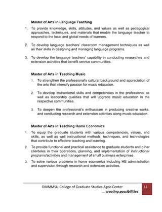 Master of Arts in Language Teaching
1. To provide knowledge, skills, attitudes, and values as well as pedagogical
approaches, techniques, and materials that enable the language teacher to
respond to the local and global needs of learners.
2. To develop language teachers’ classroom management techniques as well
as their skills in designing and managing language programs.
3. To develop the language teachers’ capability in conducting researches and
extension activities that benefit service communities.

Master of Arts in Teaching Music
1.

To strengthen the professional’s cultural background and appreciation of
the arts that intensify passion for music education.

2.

To develop instructional skills and competencies in the professional as
well as leadership qualities that will upgrade music education in the
respective communities.

3.

To deepen the professional’s enthusiasm in producing creative works,
and conducting research and extension activities along music education.

Master of Arts in Teaching Home Economics
1.

To equip the graduate students with various competencies, values, and
skills, as well as well instructional methods, techniques, and technologies
that contribute to effective teaching and learning.

2.

To provide functional and practical assistance to graduate students and other
clienteles in their operations, planning, and implementation of instructional
programs/activities and management of small business enterprises.

3.

To solve various problems in home economics including HE administration
and supervision through research and extension activities.

DMMMSU-College of Graduate Studies Agoo Center
… creating possibilities|

11

 