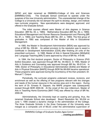 SIPSC and later renamed as DMMMSU-College of Arts and Sciences
[DMMMSU-CAS].
The Graduate School continued to operate under the
auspices of the new University administration. The unprecedented change of the
College to a University did not dampen the spirit to develop, design, and institute
new curricular programs. New specializations were designed, approved. and
offered in the Graduate School.
The initial courses offered were Master of Arts degrees in Science
Education [BR No. 83, s. 1980]; Mathematics Education [BR No. 82, s. 1980];
Educational Management and Human Resource Development and Planning [BR
No. 81, s. 1980]; and Teaching Music [BR No. 261, s. 1980]. The first group of
graduates in 1980 was composed of five Master of Arts in Educational
Management.
In 1985, the Master in Development Administration [MDA] was approved by
virtue of BR No. 256-84. An added provision to the resolution was to award a
Certificate in Development Administration [CDA] after finishing 24 units of the
prescribed curriculum. In 1988, Master of Arts in Special Education [MASpEd]
and Language Teaching [MALT] were approved by virtue of BR No. 419-88.
In 1994, the first doctoral program, Doctor of Philosophy in Science (PhD
SciEd) Education, was approved through BR No. 94-482-A. In 1995, Master of
Arts in Guidance and Counseling was approved through BR No. 95-013-A. In
1998, Doctor of Philosophy in Educational Administration [EdAd] and Master of
Arts in Physical Education [MAPE] through BOR No.98-004 became operational.
These programs were approved during the incumbency of the then president, Dr.
Manuel T. Corpus
Periodically, the curricular programs underwent reviews, revisions, and
enrichment as well as the offering of new programs relevant with the changes
and needs of the human resource in the service area and in the region. During
the term of Dr. Ernesto R. Gapasin, the MAPE program was subsequently
revised through BOR 2000-36. At the onset of the new millennium, Master of
Arts in Teaching Home Economics [MAT-THE] was offered by virtue of BR No.
2000-36.
Administratively, the University kept on soaring and growing, thus, the
renamed Graduate School also developed. Board Resolution No. 95-034 on
June 1, 1995 created a dynamic change in the administration of the College.
The three Graduate Schools in the three Campuses of the University were
merged as a composite unit of MLUC under the administrative supervision of

DMMMSU-College of Graduate Studies Agoo Center
… creating possibilities|

19

 