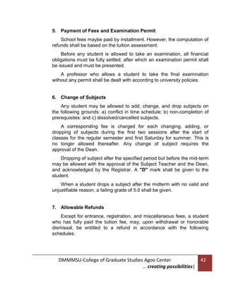 5. Payment of Fees and Examination Permit
School fees maybe paid by installment. However, the computation of
refunds shall be based on the tuition assessment.
Before any student is allowed to take an examination, all financial
obligations must be fully settled, after which an examination permit shall
be issued and must be presented.
A professor who allows a student to take the final examination
without any permit shall be dealt with according to university policies.

6. Change of Subjects
Any student may be allowed to add, change, and drop subjects on
the following grounds: a) conflict in time schedule; b) non-completion of
prerequisites: and c) dissolved/cancelled subjects.
A corresponding fee is charged for each changing, adding, or
dropping of subjects during the first two sessions after the start of
classes for the regular semester and first Saturday for summer. This is
no longer allowed thereafter. Any change of subject requires the
approval of the Dean.
Dropping of subject after the specified period but before the mid-term
may be allowed with the approval of the Subject Teacher and the Dean,
and acknowledged by the Registrar. A "D" mark shall be given to the
student.
When a student drops a subject after the midterm with no valid and
unjustifiable reason, a failing grade of 5.0 shall be given.

7. Allowable Refunds
Except for entrance, registration, and miscellaneous fees, a student
who has fully paid the tuition fee, may, upon withdrawal or honorable
dismissal, be entitled to a refund in accordance with the following
schedules:

DMMMSU-College of Graduate Studies Agoo Center
… creating possibilities|

42

 