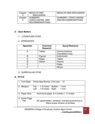Chapter
3
Chapter
4

RESULTS AND
DISCUSSION
SUMMARY,
CONCLUSIONS, AND
RECOMMENDATIONS

RESULTS AND DISCUSSION
SUMMARY, CONCLUSIONS,
AND RECOMMENDATIONS

C. Back Matters
1. LITERATURE CITED
2. APPENDICES
Appendix

Technical
Research

A

Tables

B
C
D
E
F

Figures
Plates
Others

Social Research
Communications
(Template/s only)
Instruments
Tables
Figures
Plates
Others

3. CURRICULUM VITAE
D. STYLE
1. Font Style:

Times New Roman Font size:

2. Margins:

Top - 1.3 inches
Left - 1.5 inches

3. Paper Size:
4. Cover Page
Title
-

12

Bottom - 1 inch
Right - 1 inch

short bond paper, 8 ½ inches x 11 inches

All capital letters, centered, inverted pyramid but to
follow proper division of phrases

DMMMSU-College of Graduate Studies Agoo Center
… creating possibilities|

65

 