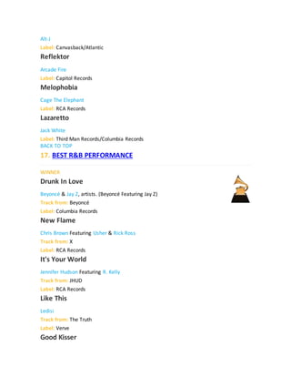 Alt-J
Label: Canvasback/Atlantic
Reflektor
Arcade Fire
Label: Capitol Records
Melophobia
Cage The Elephant
Label: RCA Records
Lazaretto
Jack White
Label: Third Man Records/Columbia Records
BACK TO TOP
17. BEST R&B PERFORMANCE
WINNER
Drunk In Love
Beyoncé & Jay Z, artists. (Beyoncé Featuring Jay Z)
Track from: Beyoncé
Label: Columbia Records
New Flame
Chris Brown Featuring Usher & Rick Ross
Track from: X
Label: RCA Records
It's Your World
Jennifer Hudson Featuring R. Kelly
Track from: JHUD
Label: RCA Records
Like This
Ledisi
Track from: The Truth
Label: Verve
Good Kisser
 